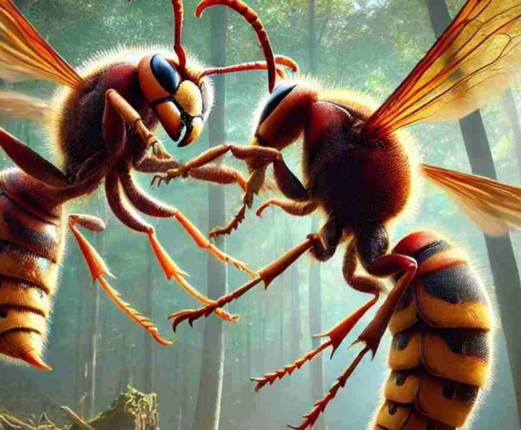 Fierce-looking red insects found on a tree, their bright color making them stand out in the forest.