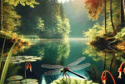 A dragonfly resting on a leaf, basking in the warmth of the sun and surrounded by greenery.