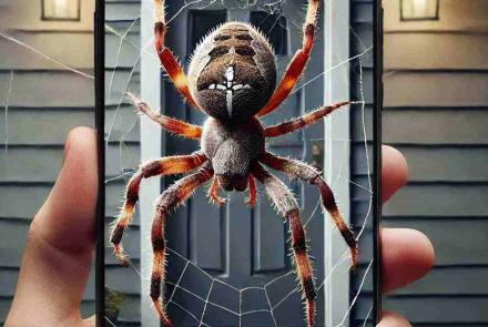 A large, hairy spider web found at a front door, catching the late afternoon light.